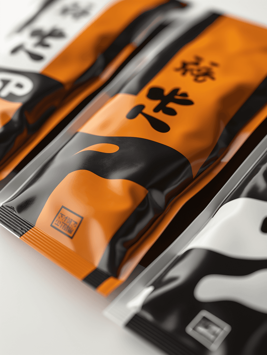 Embalagens de marca em laranja e preto
